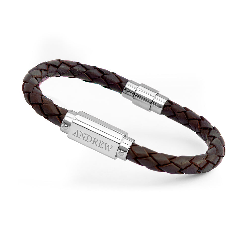 Personalised Luxury Mens Leather Bracelet with Engraved Nameplate