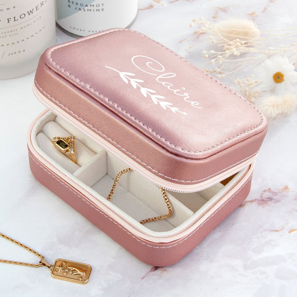 Personalised Pink Travel Jewellery Case with Wreath Design