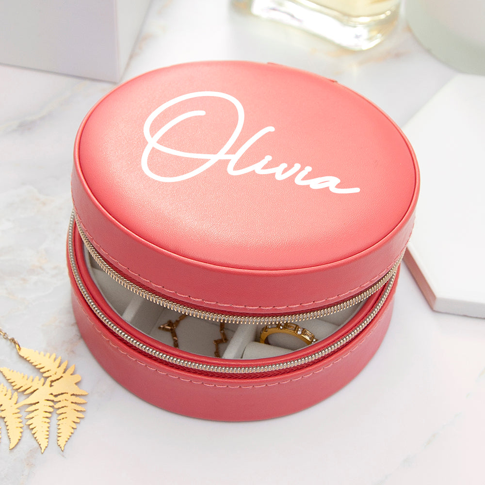 Personalised Coral Round Travel Jewellery Case