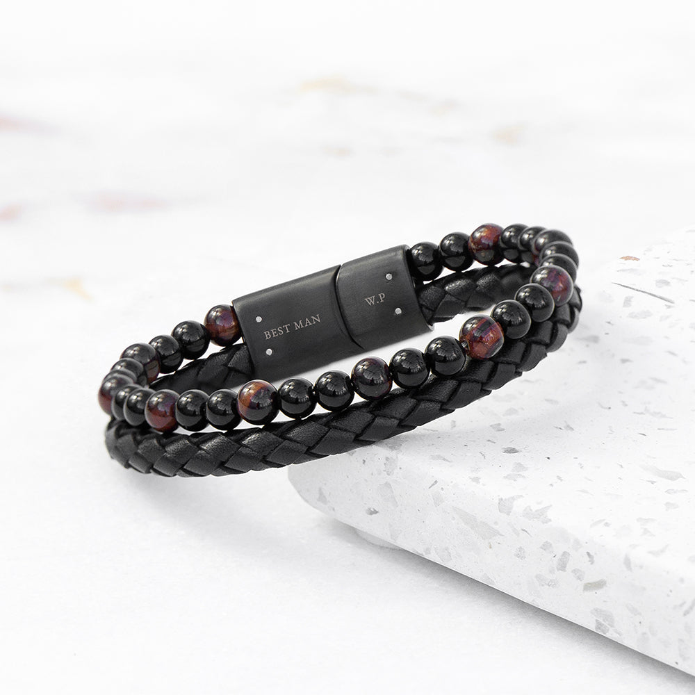 Personalised Men's Tiger's Eye Bead and Leather Bracelet