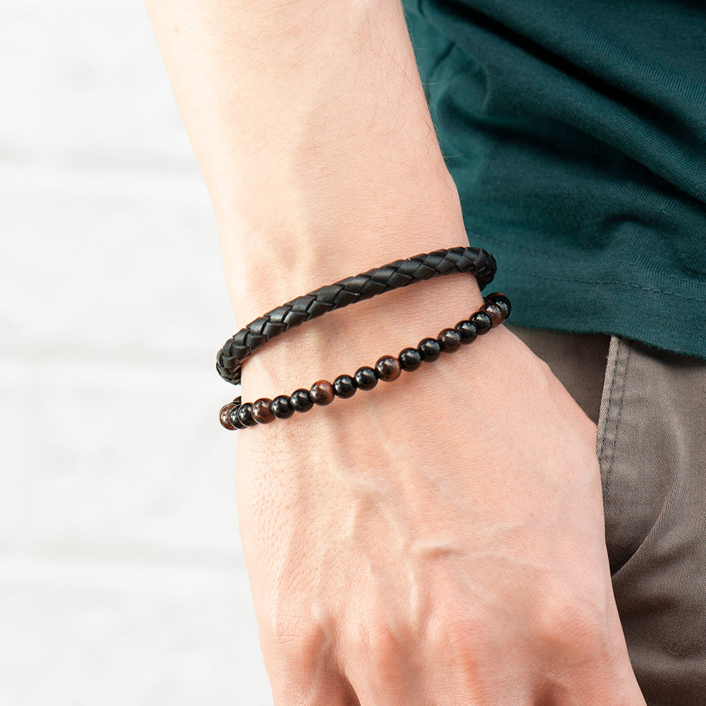 Personalised Men's Tiger's Eye Bead and Leather Bracelet