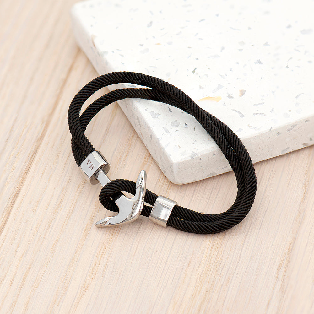 Personalised Men's Black Rope Nautical Anchor Bracelet