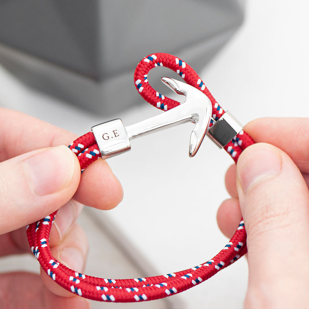 Personalised Men's Red Rope Nautical Anchor Bracelet