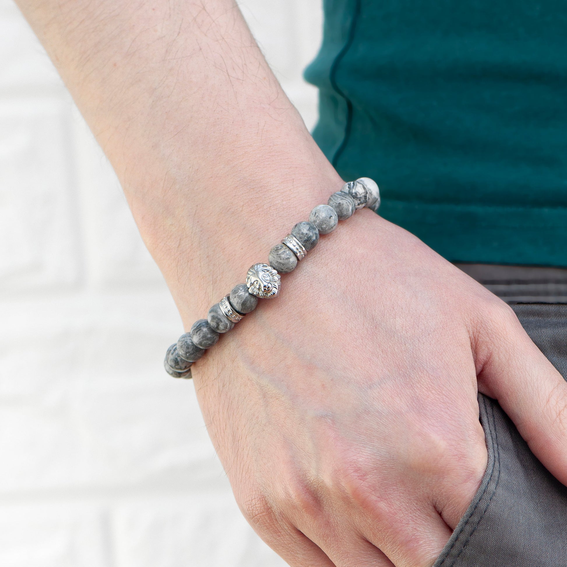 Personalised Men's Silver Lion Jasper Stone Bracelet