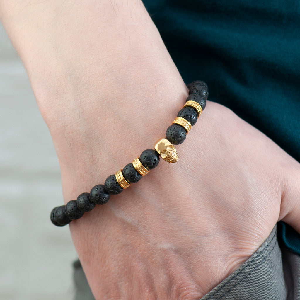 Personalised Men's Golden Skull Beaded Bracelet