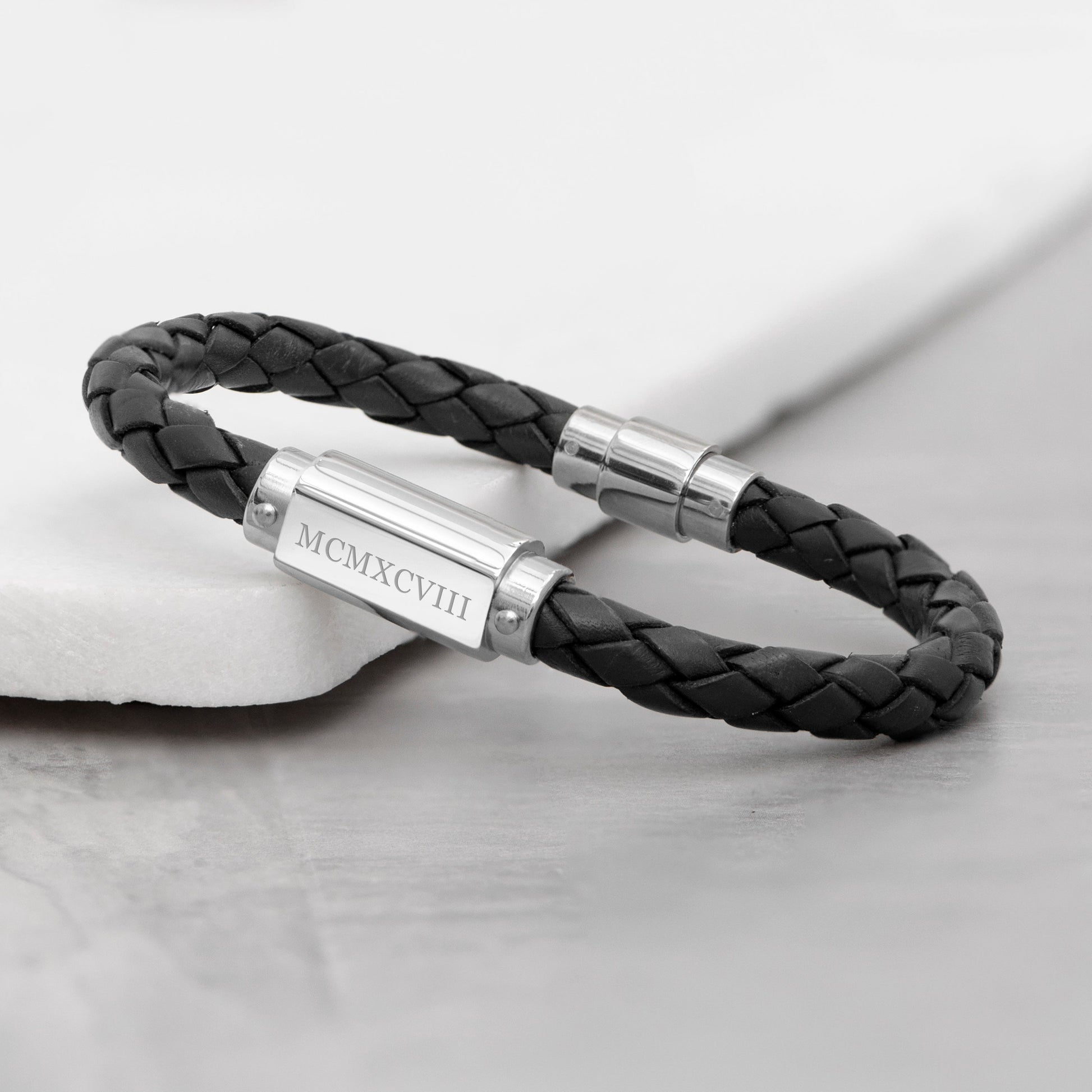 Personalised Men's Roman Numerals Black Leather Bracelet