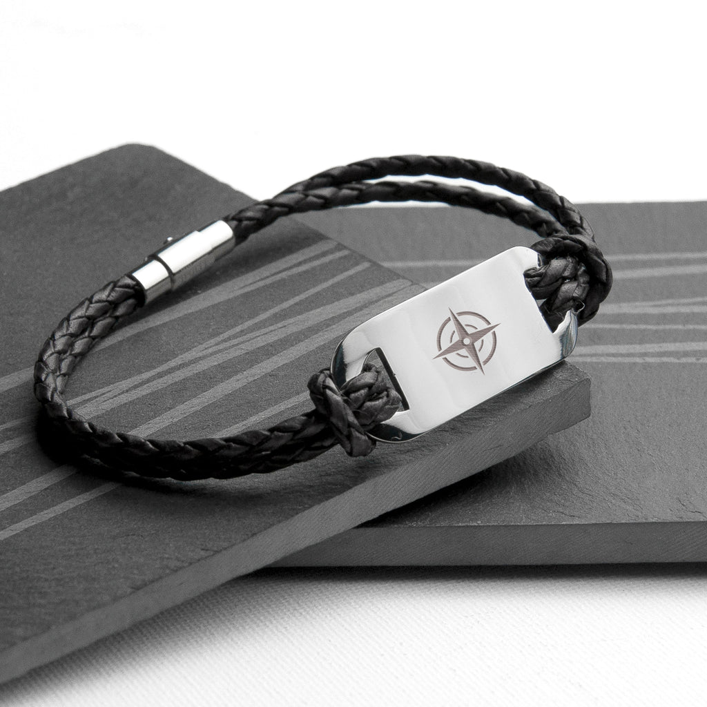 Personalised Men's Travel Compass Leather Bracelet