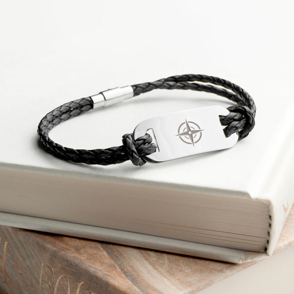 Personalised Men's Travel Compass Leather Bracelet