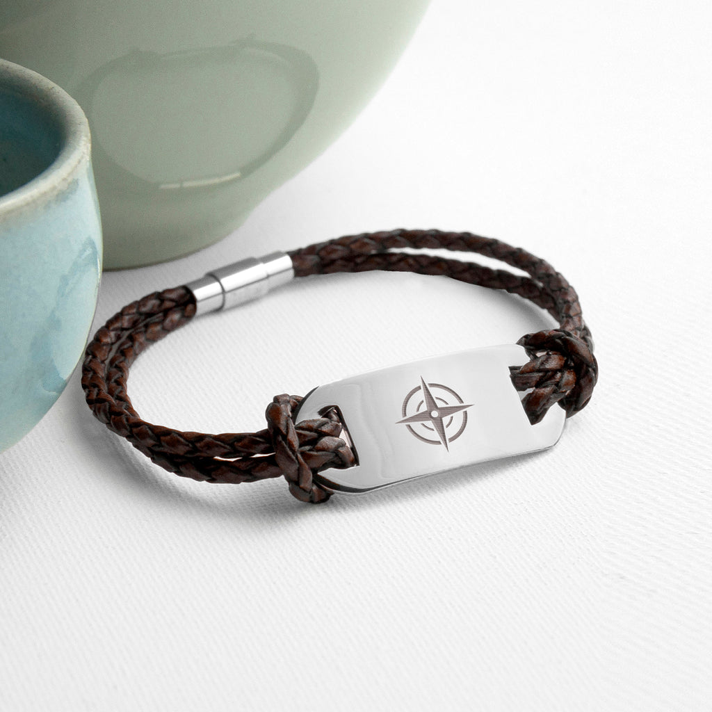 Personalised Men's Travel Compass Leather Bracelet
