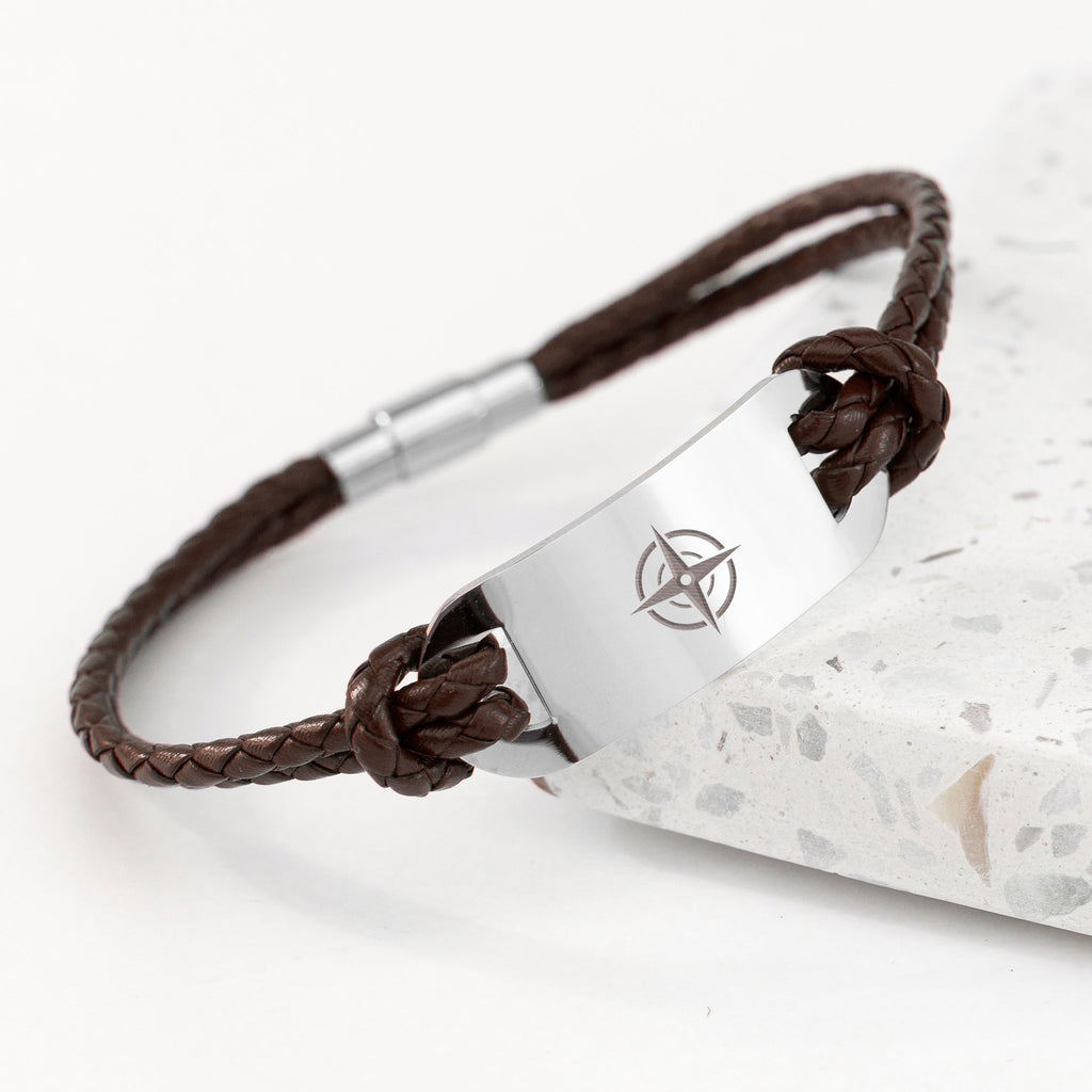 Personalised Men's Travel Compass Leather Bracelet