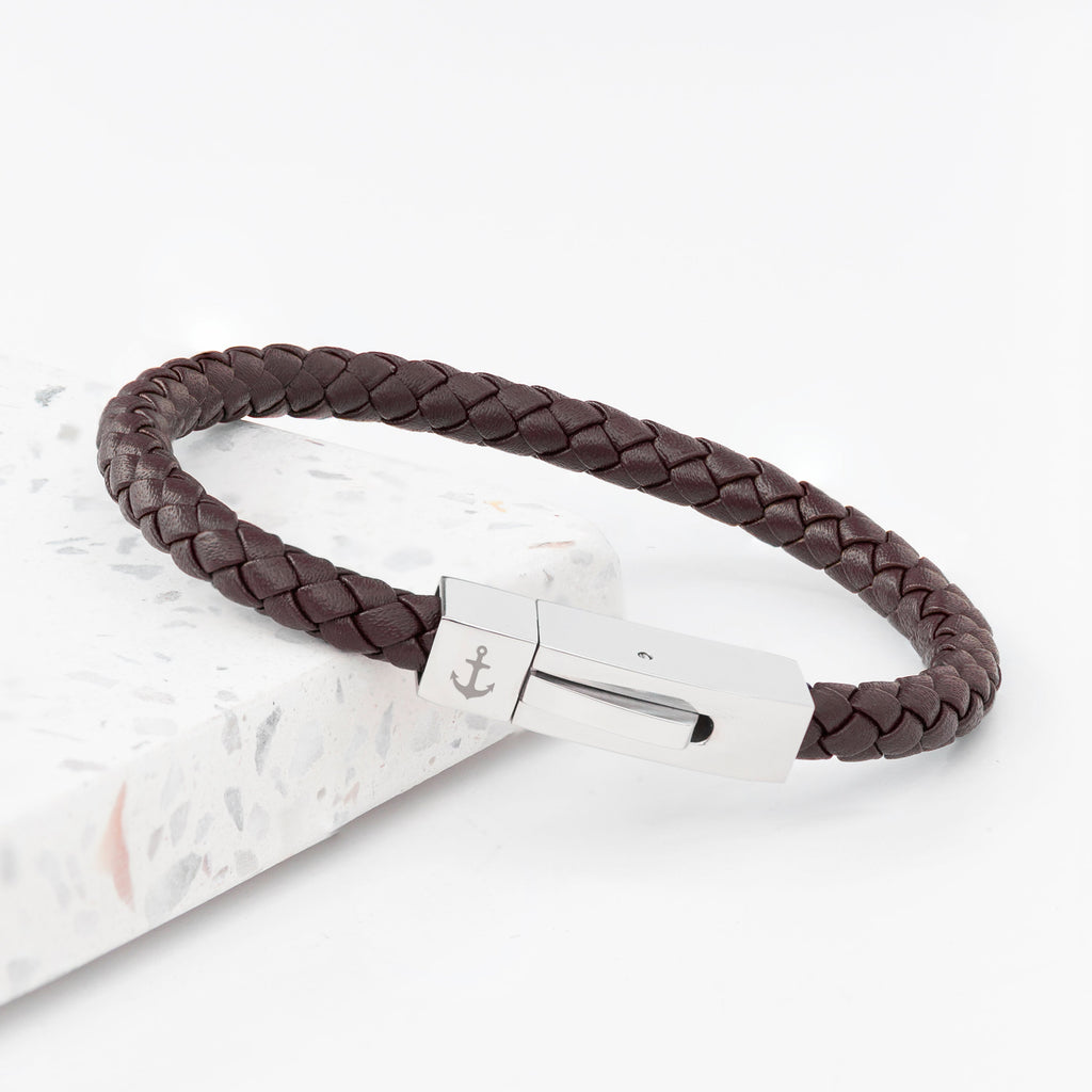 Personalised Men's Leather Anchor Bracelet with Tube Clasp