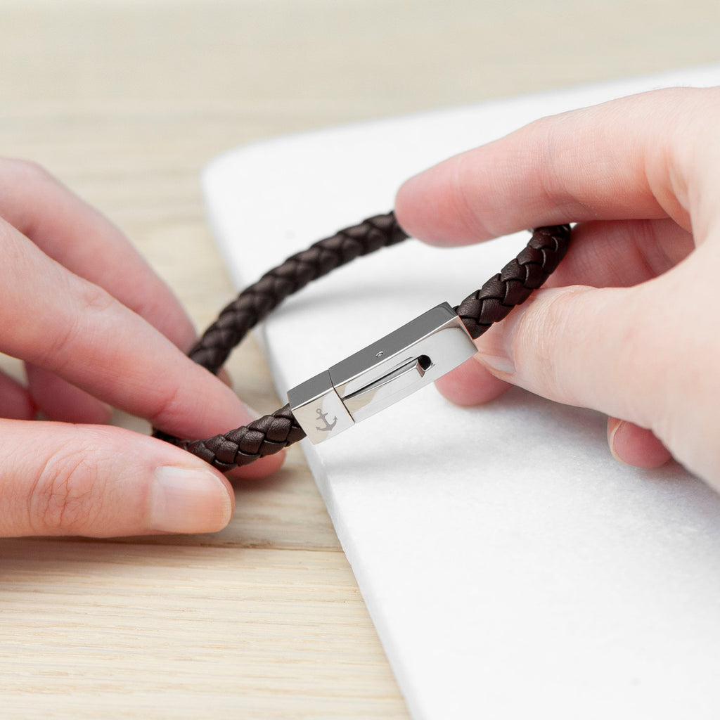 Personalised Men's Leather Anchor Bracelet with Tube Clasp