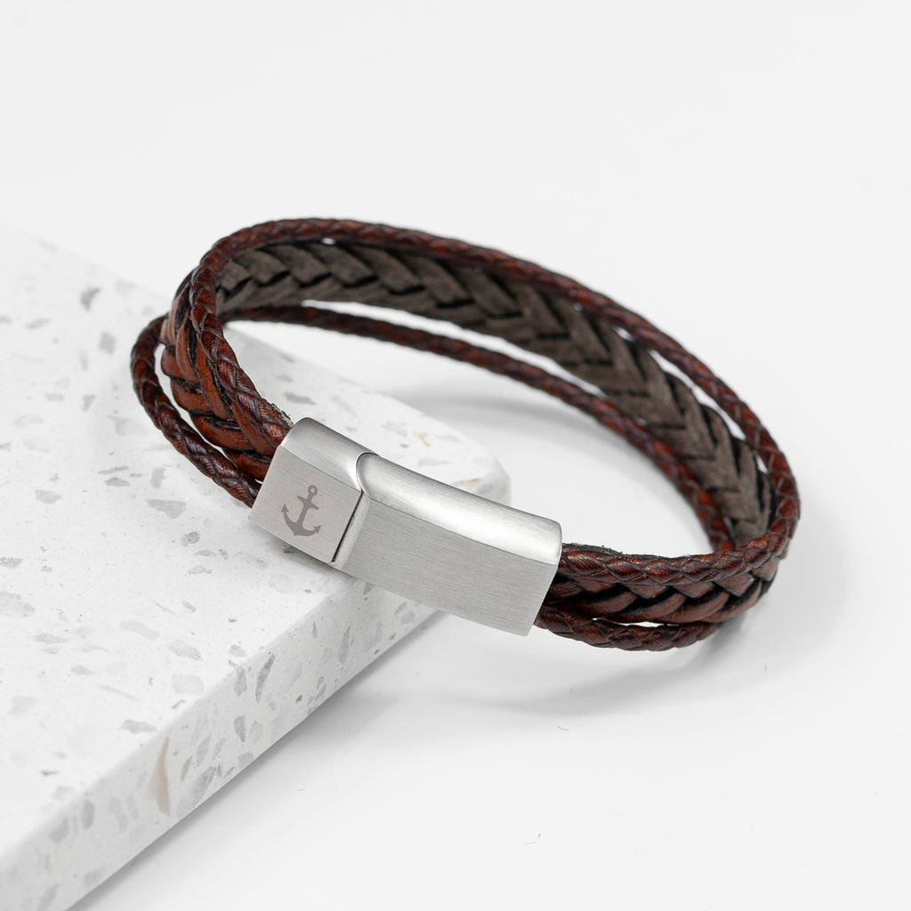 Personalised Men's Woven Layered Brown Leather Bracelet