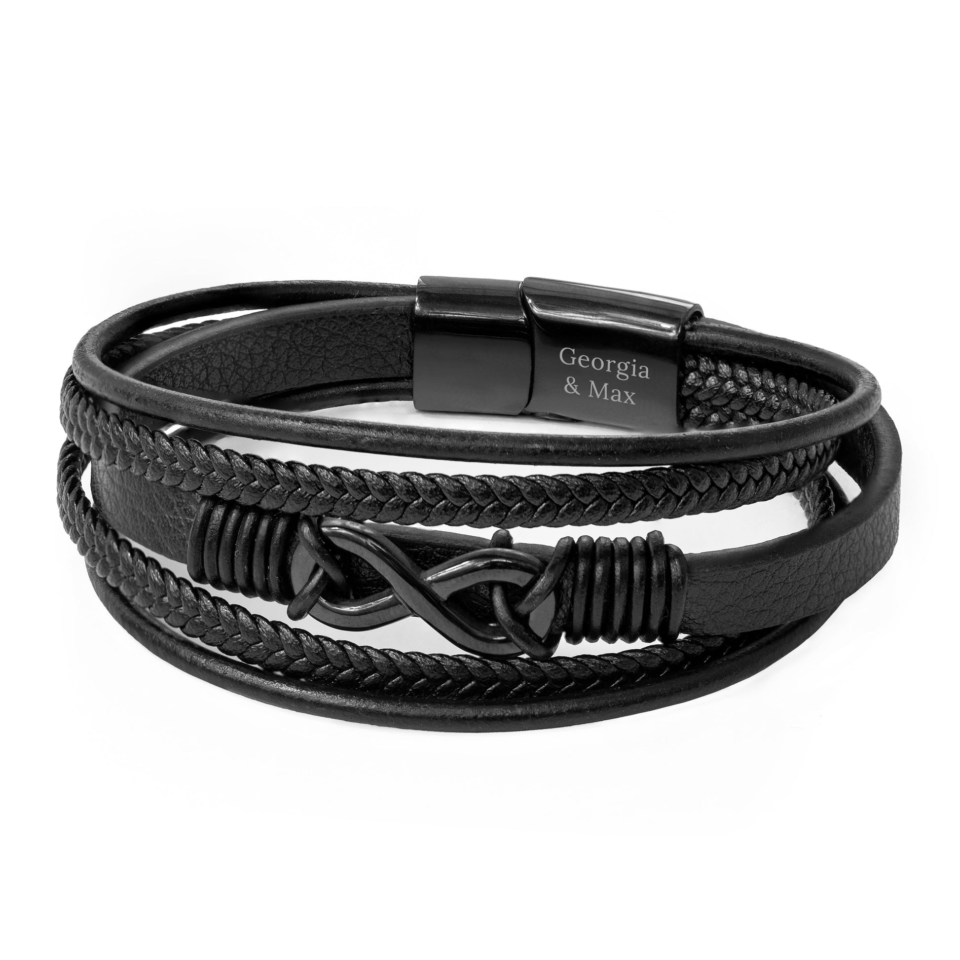 Personalised Men's Infinity Black Leather Stacked Bracelet
