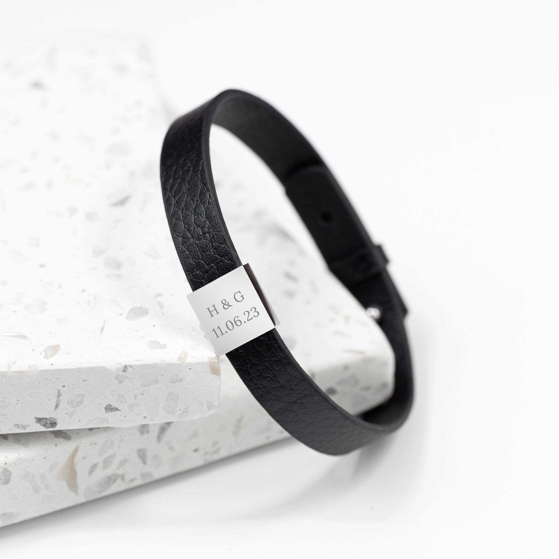Personalised Men's Soho Tag Message Black Leather Bracelet