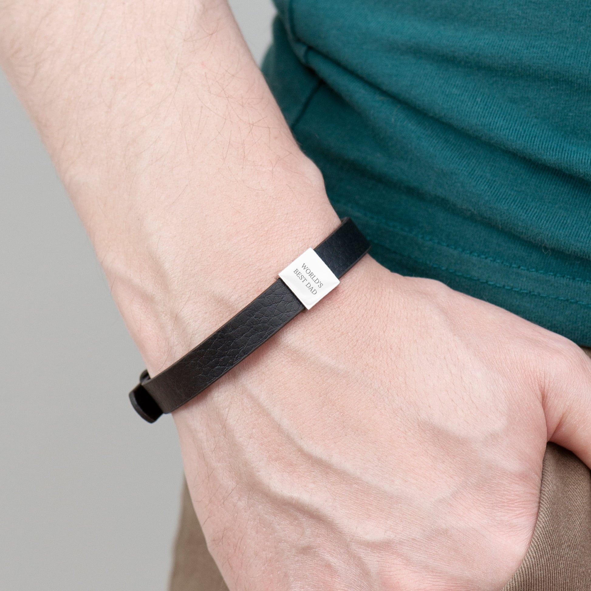Personalised Men's Soho Tag Message Black Leather Bracelet