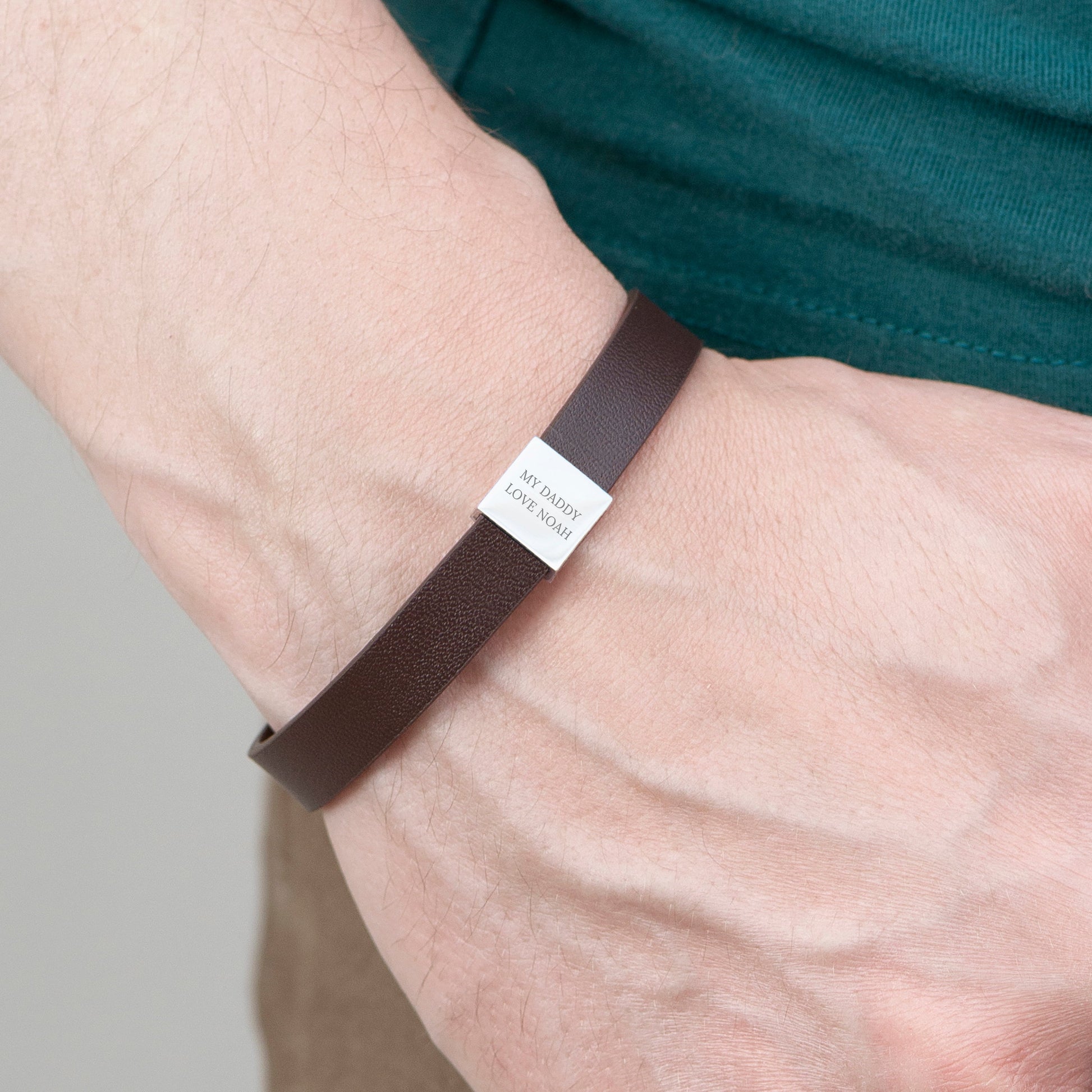 Personalised Men's Brown Leather Bracelet with Engraved Tag
