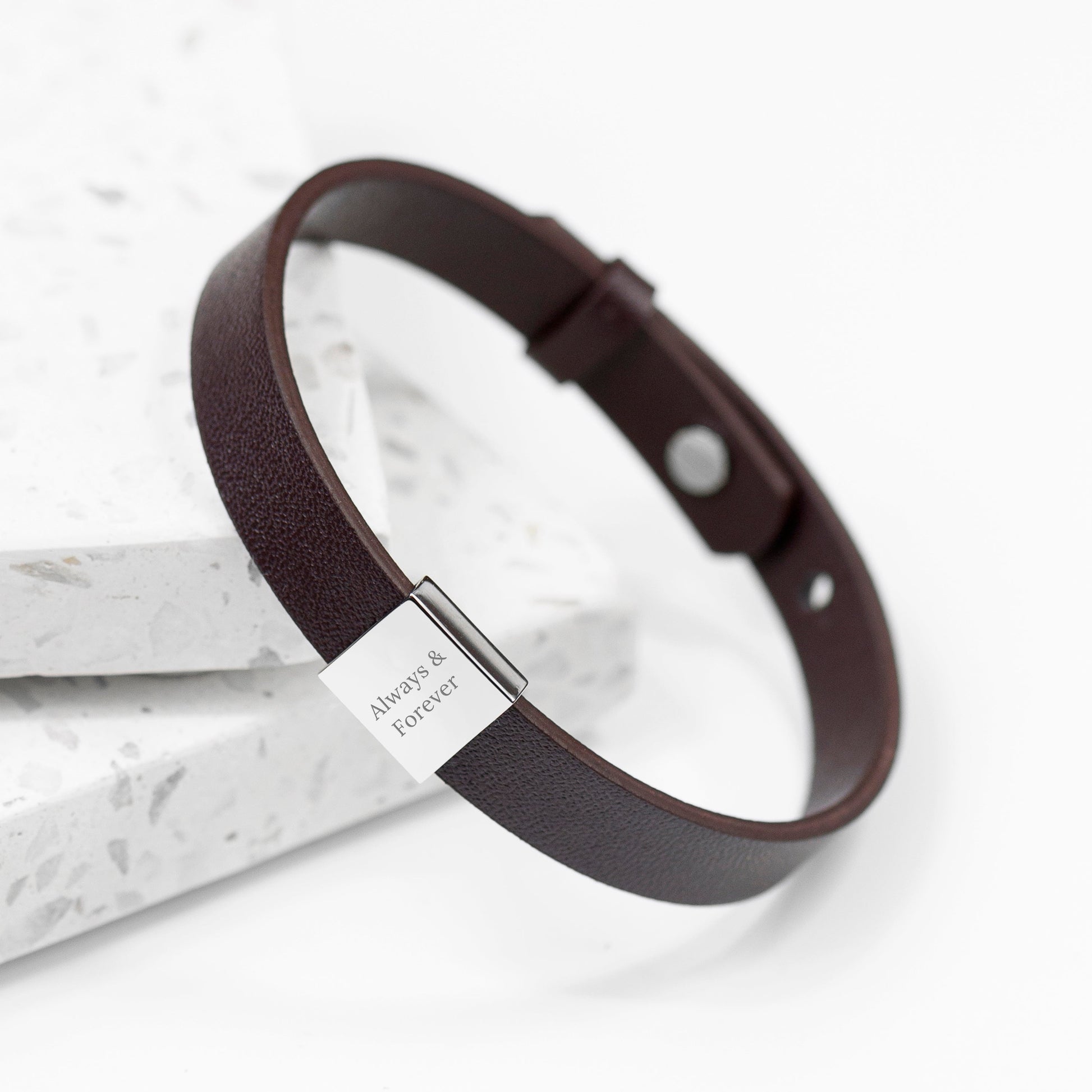 Personalised Men's Brown Leather Bracelet with Engraved Tag