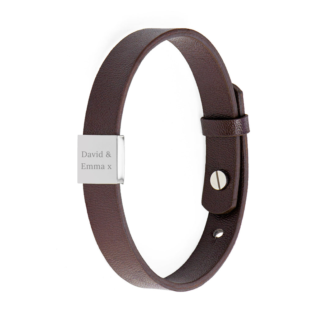Personalised Men's Brown Leather Bracelet with Engraved Tag