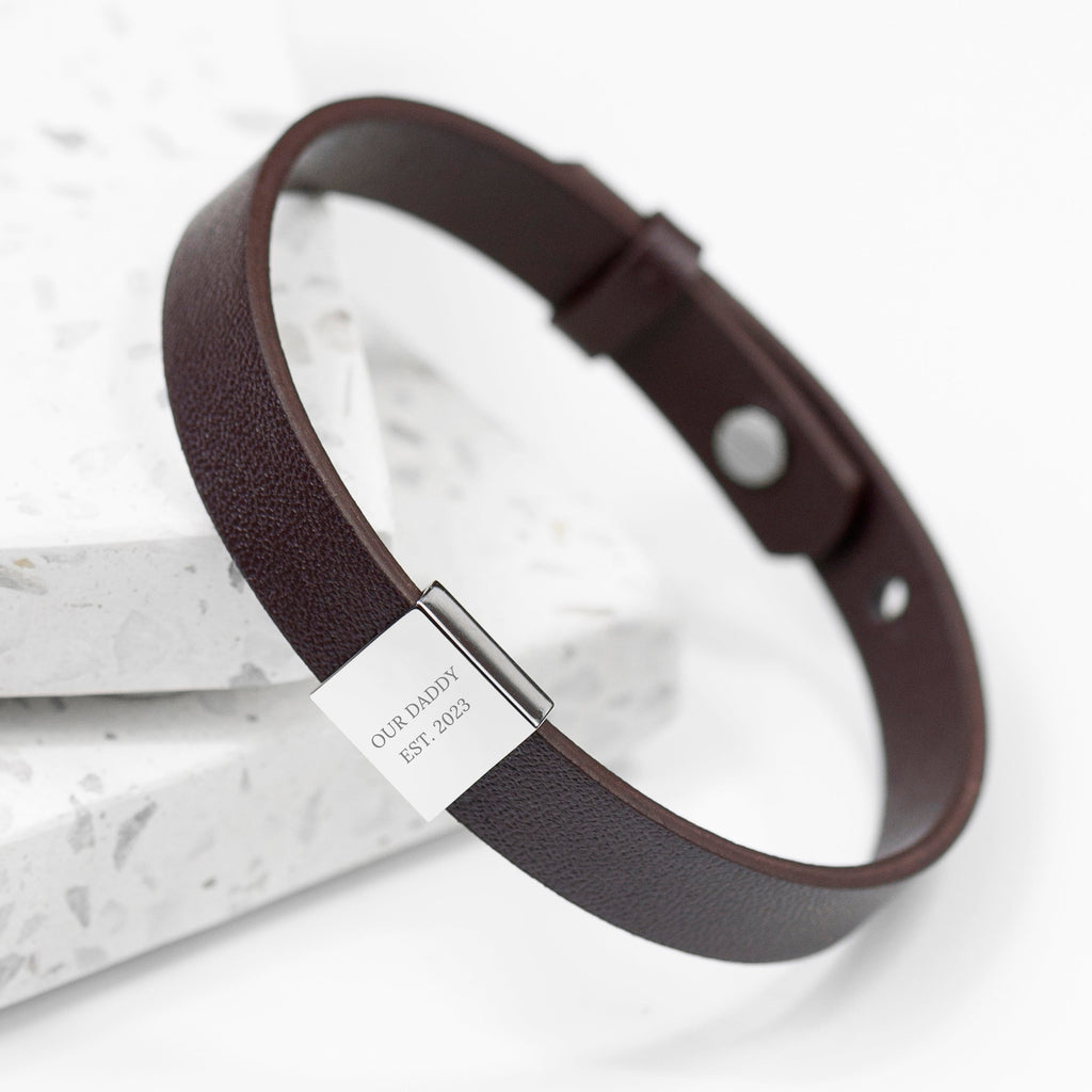 Personalised Men's Brown Leather Bracelet with Engraved Tag