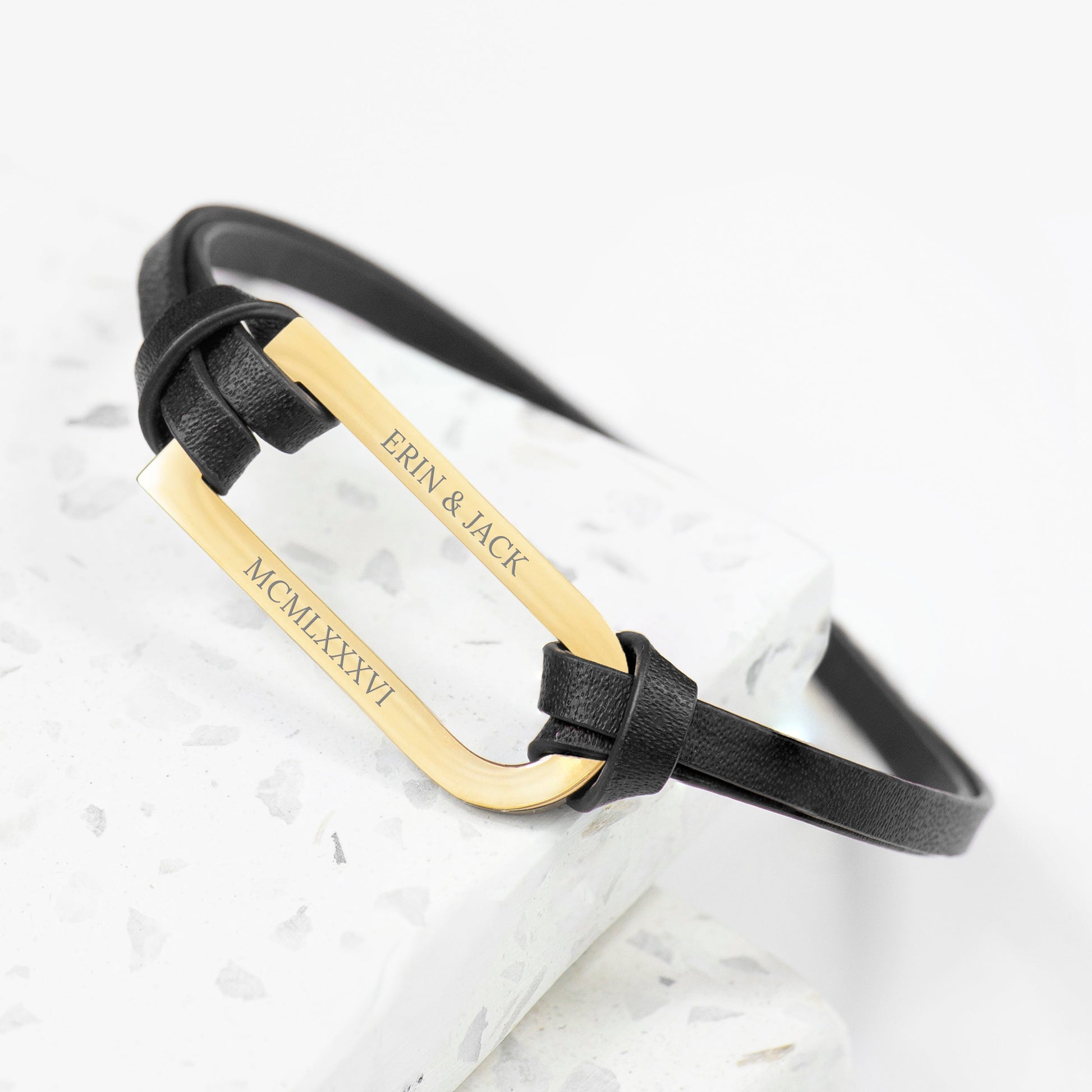 Personalised Men's Gold Bar Black Leather Bracelet