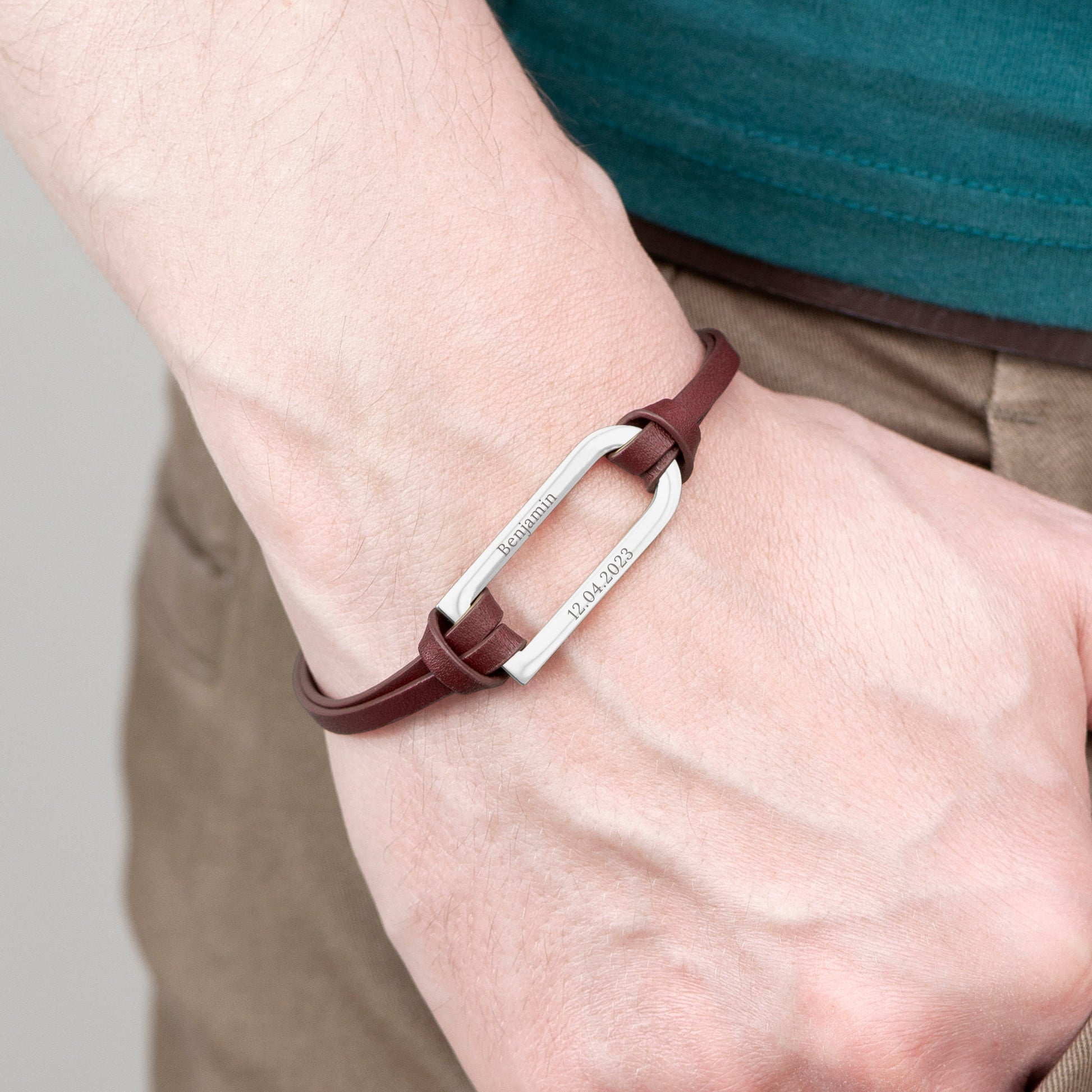 Personalised Men's Silver Bar Brown Leather Bracelet