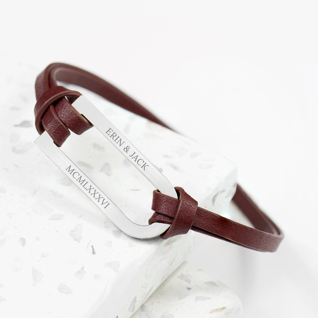 Personalised Men's Silver Bar Brown Leather Bracelet