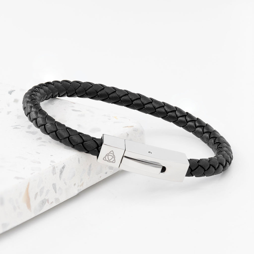 Personalised Men's Leather Celtic Trinity Bracelet with Tube Clasp