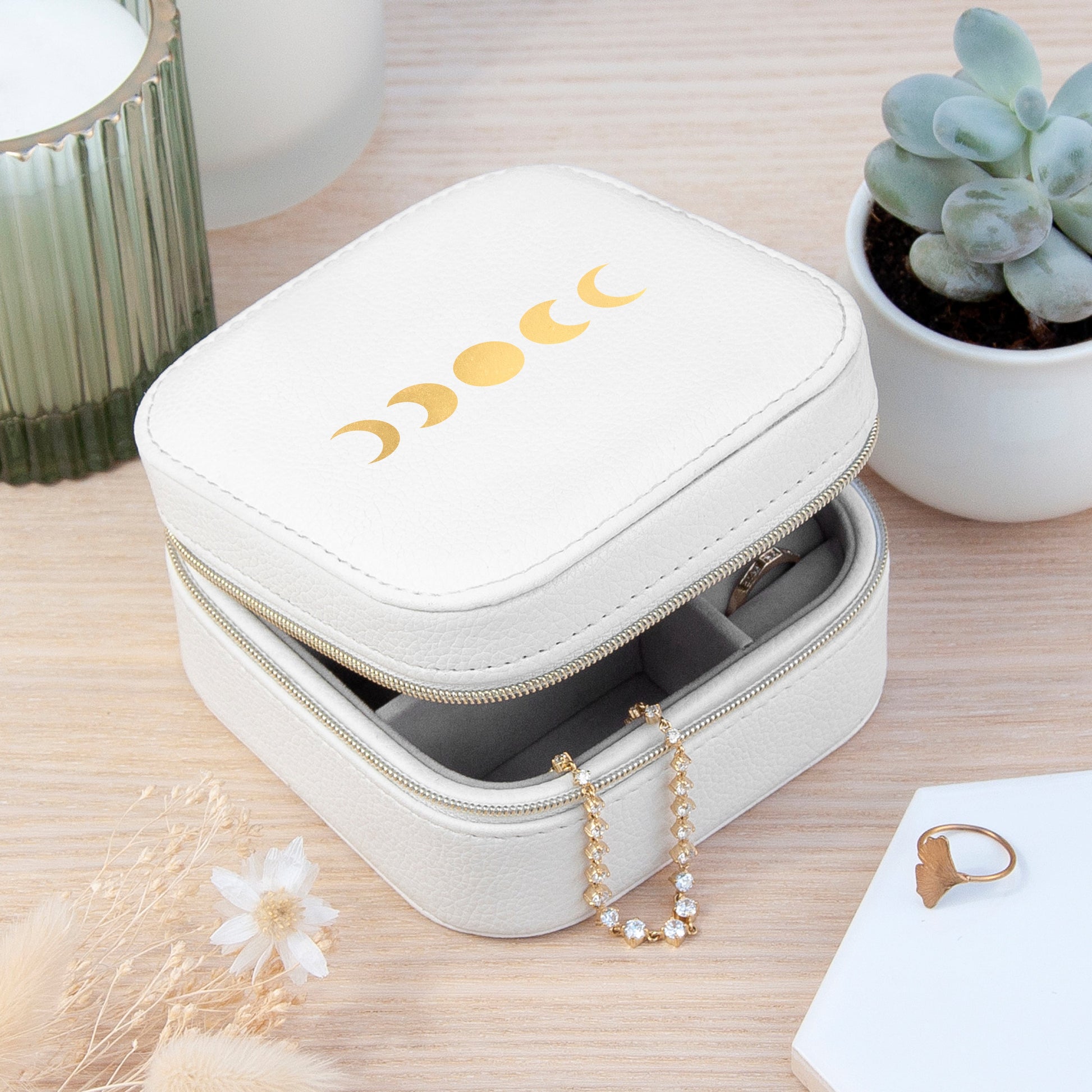 Moon Phase White Travel Jewellery Case with Customisable Vinyl