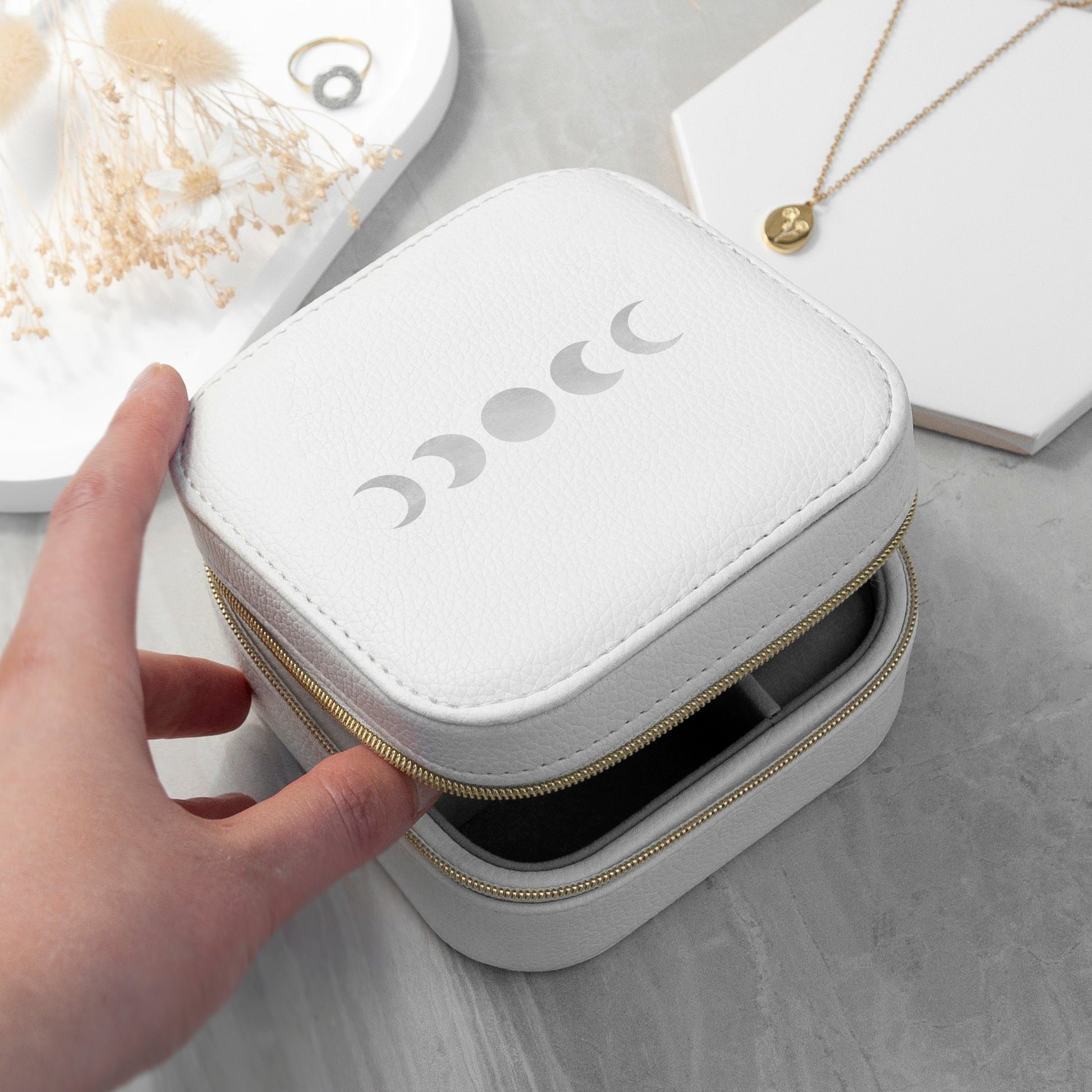 Moon Phase White Travel Jewellery Case with Customisable Vinyl