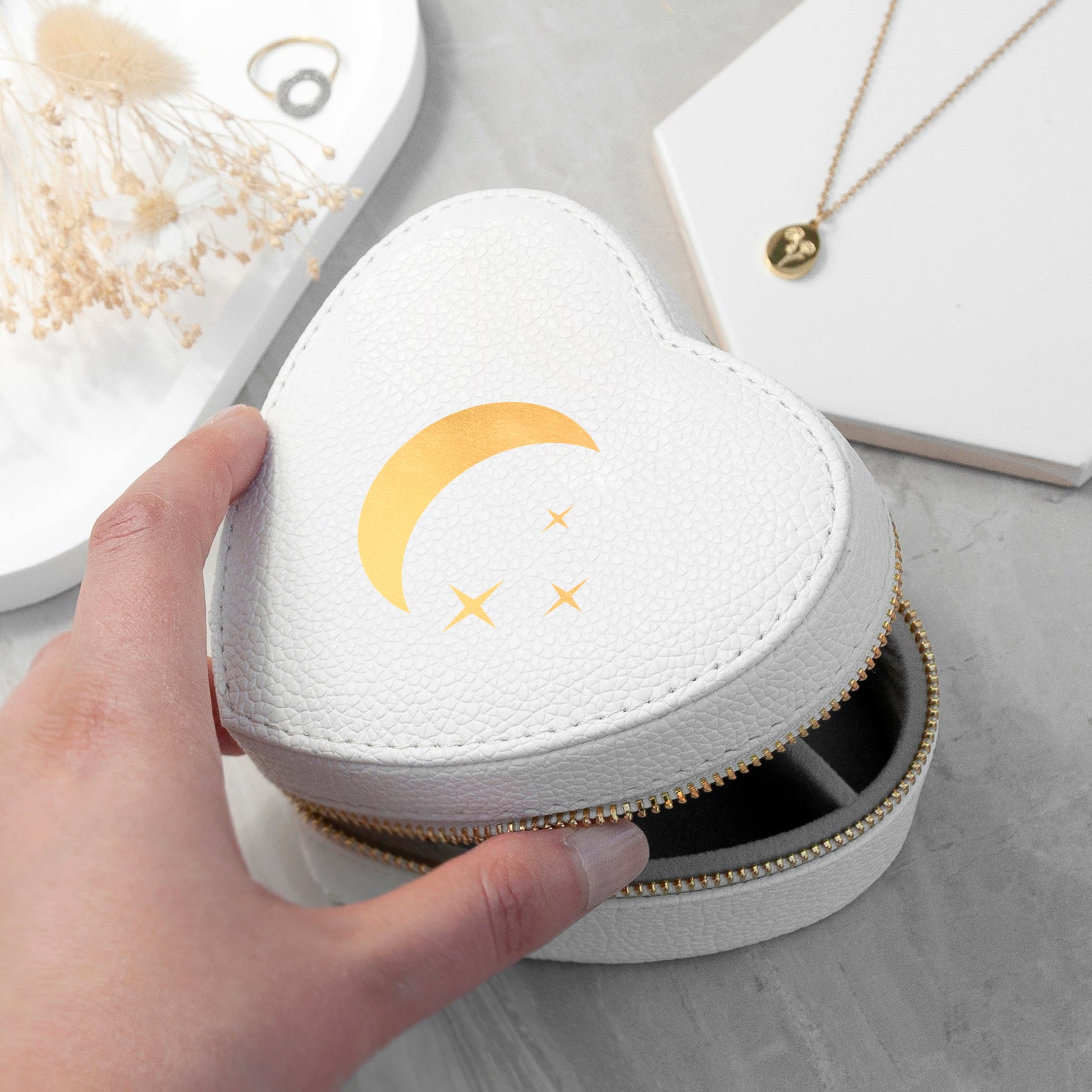 Moon and Stars White Heart Jewellery Case