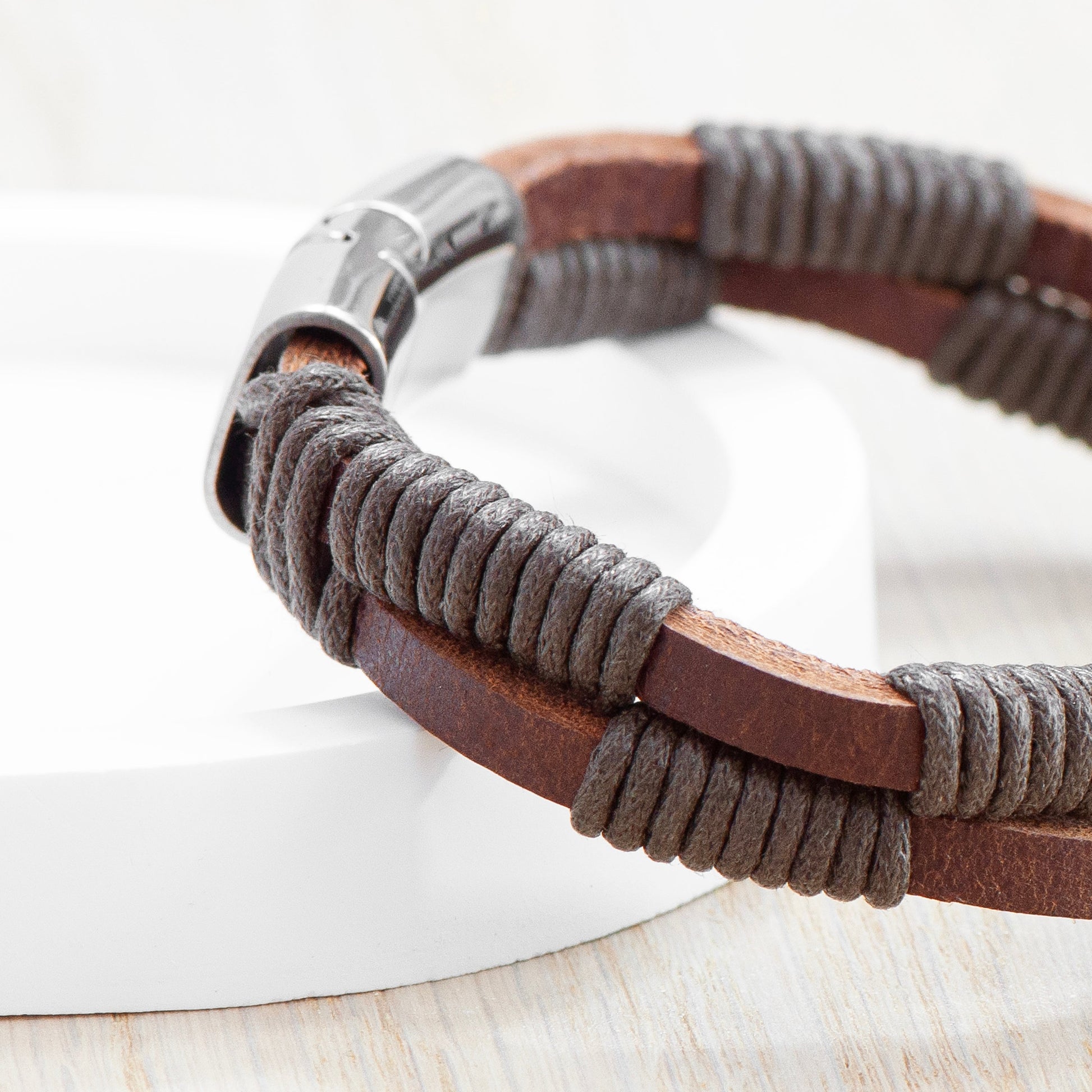 Personalised Men's Brown Leather Twisted Cord Bracelet