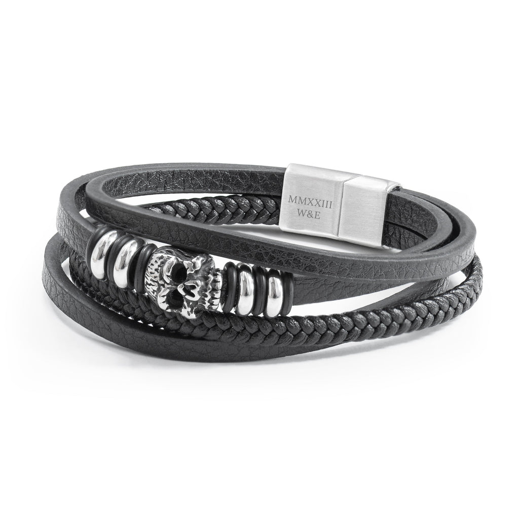 Personalised Men's Stacked Leather Skull Bracelet