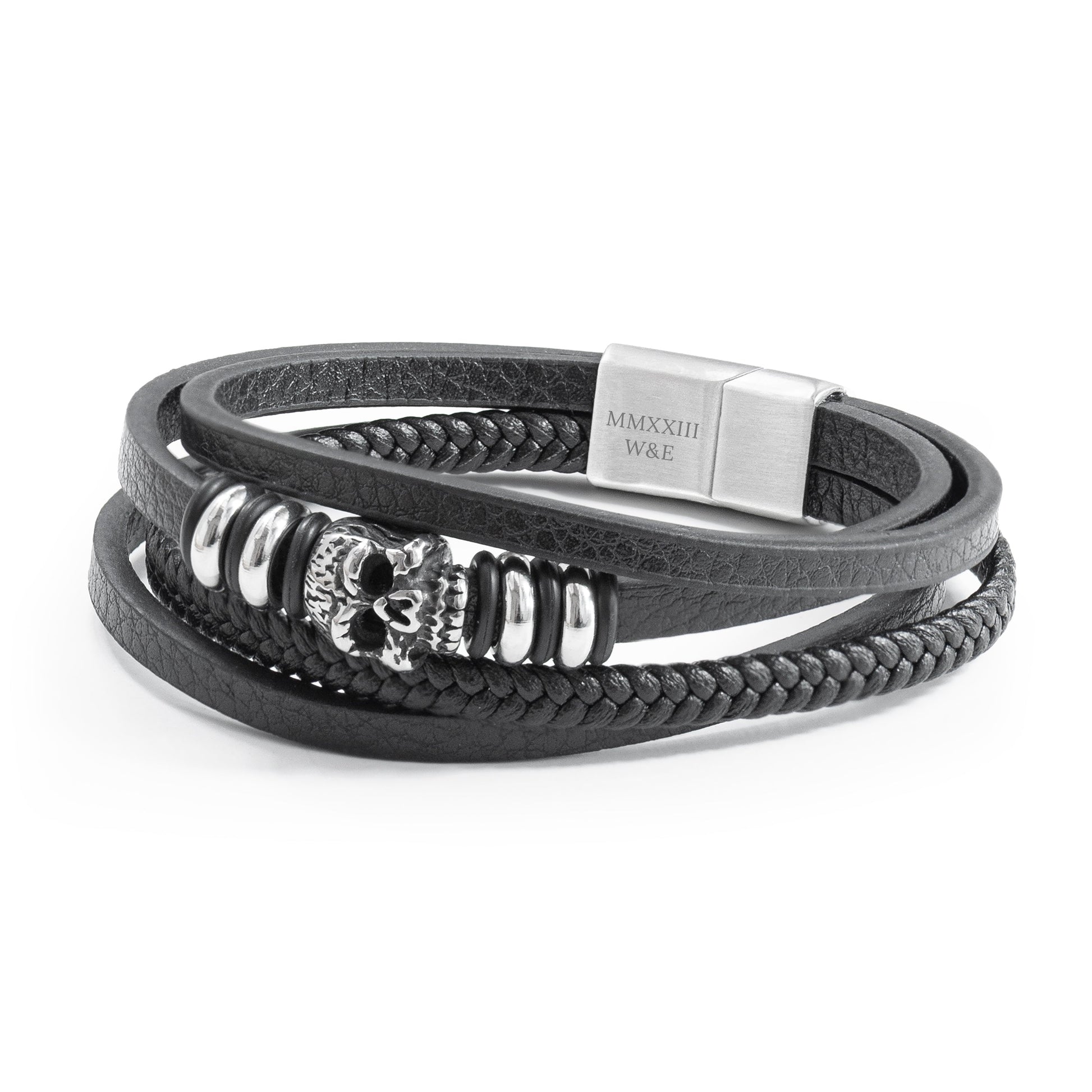 Personalised Men's Stacked Leather Skull Bracelet