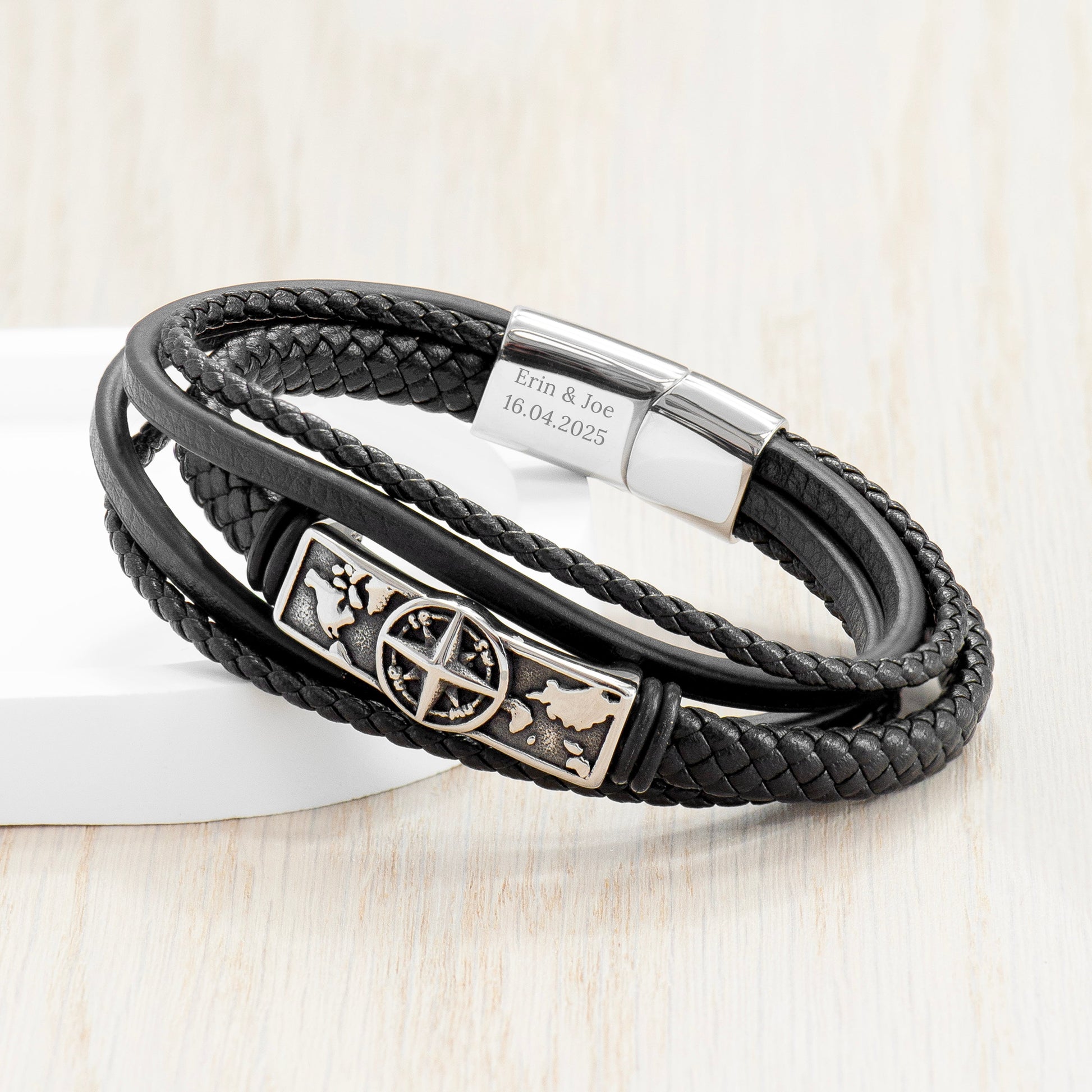 Personalised Men's Travel Compass Stacked Leather Bracelet