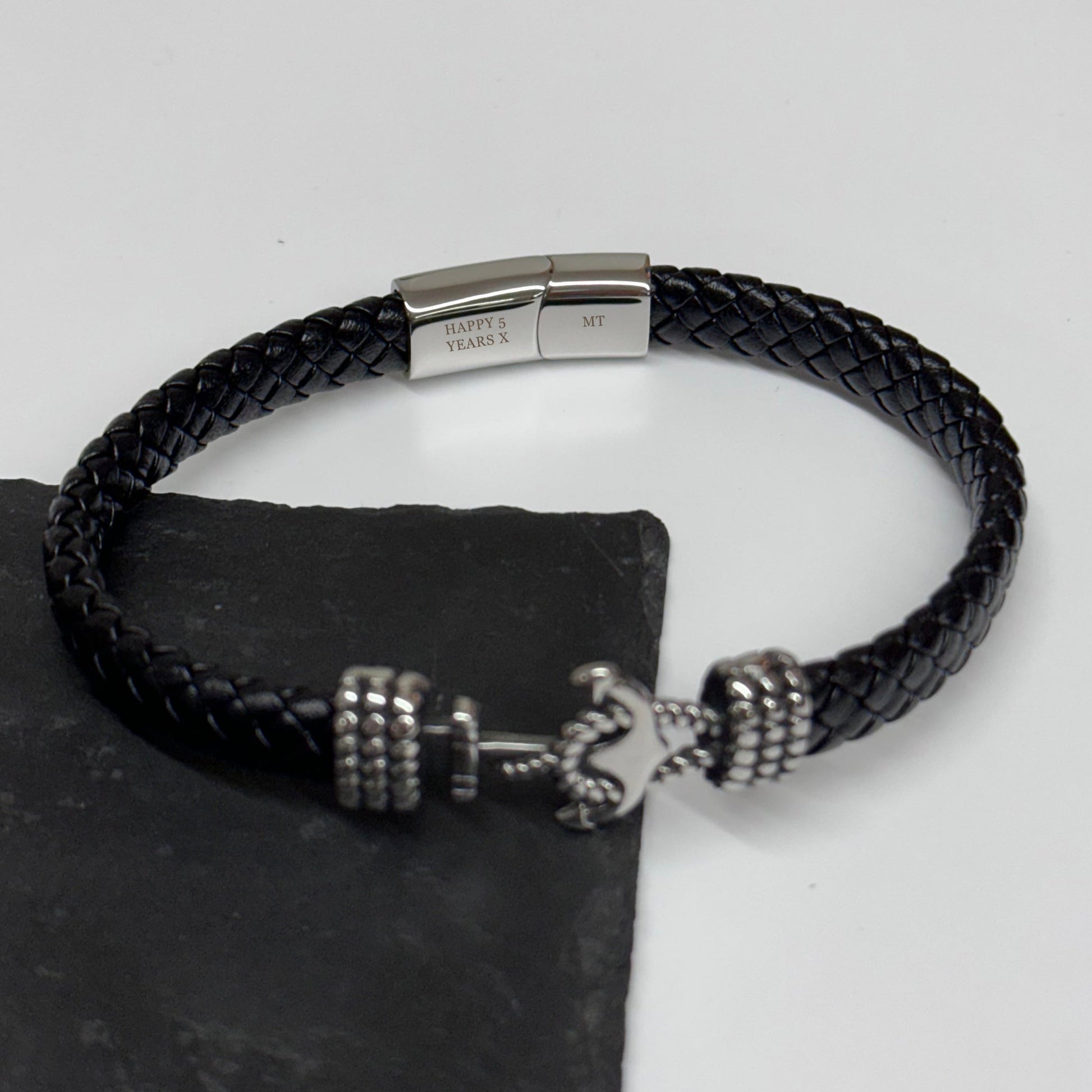 Personalised Men's Woven Leather Anchor Bracelet