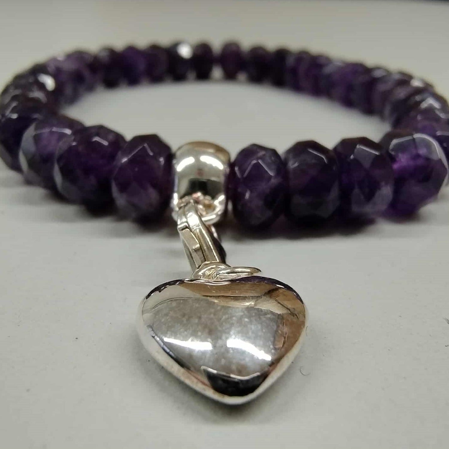 Amethyst Beaded Bracelet with Sterling Silver Heart Charm