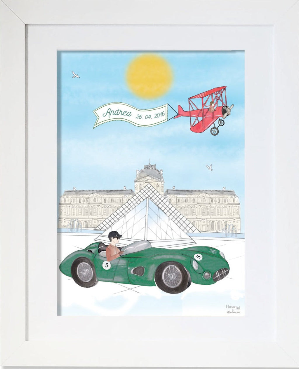 Personalised Sports Car Frenchman Driving by The Louvre Illustration