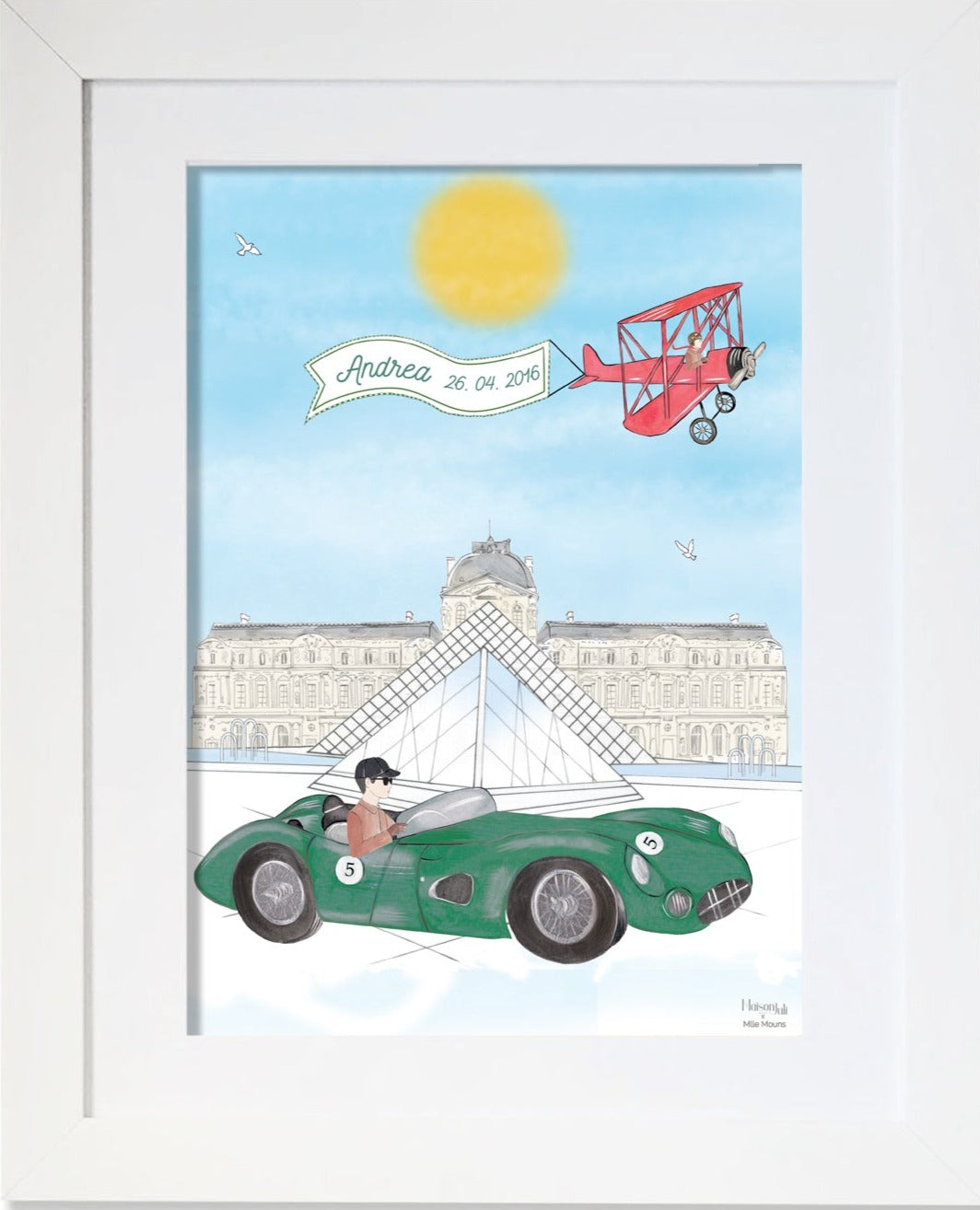 Personalised Sports Car Frenchman Driving by The Louvre Illustration