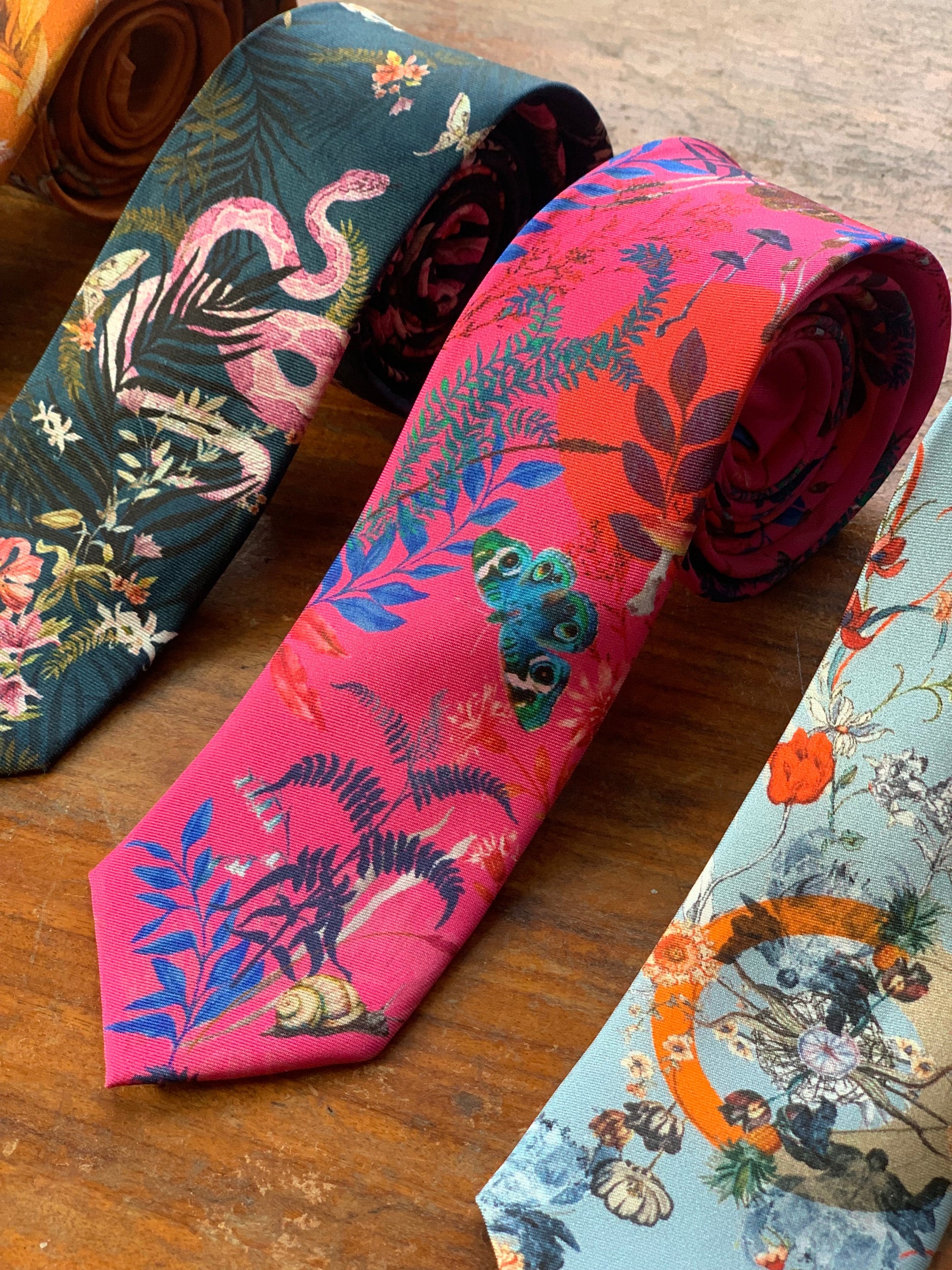 Fuchsia Pink Silk Tie with Butterfly and Floral Pattern Nectar