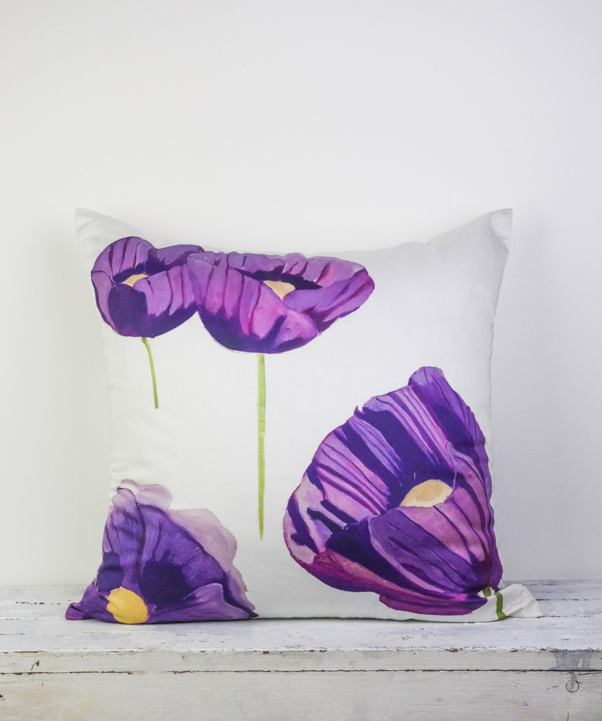 Cotton Sateen Throw Pillow Purple Poppies on Snow