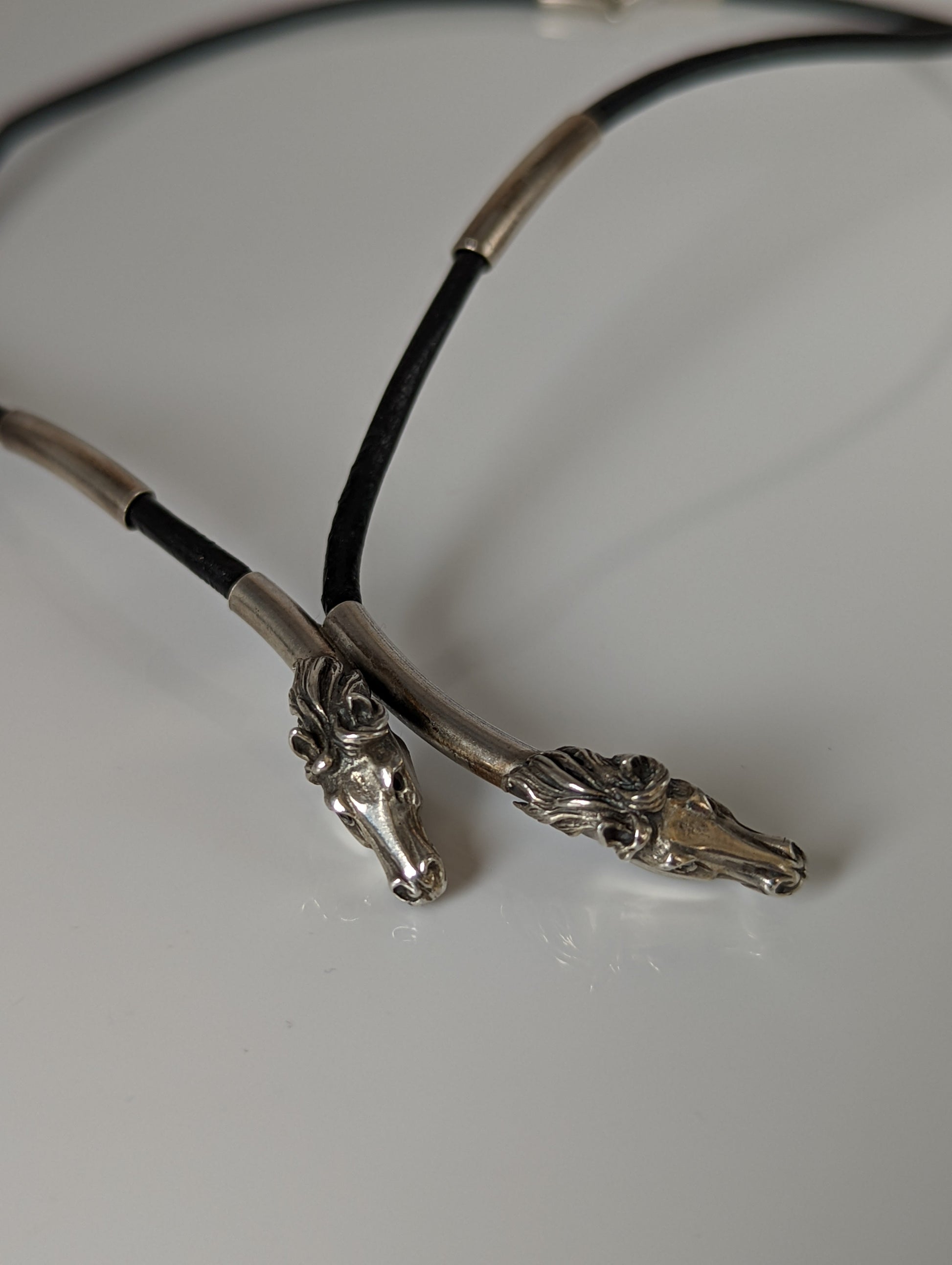 Silver Steed Two Horse Heads with Leather Cord Necklace