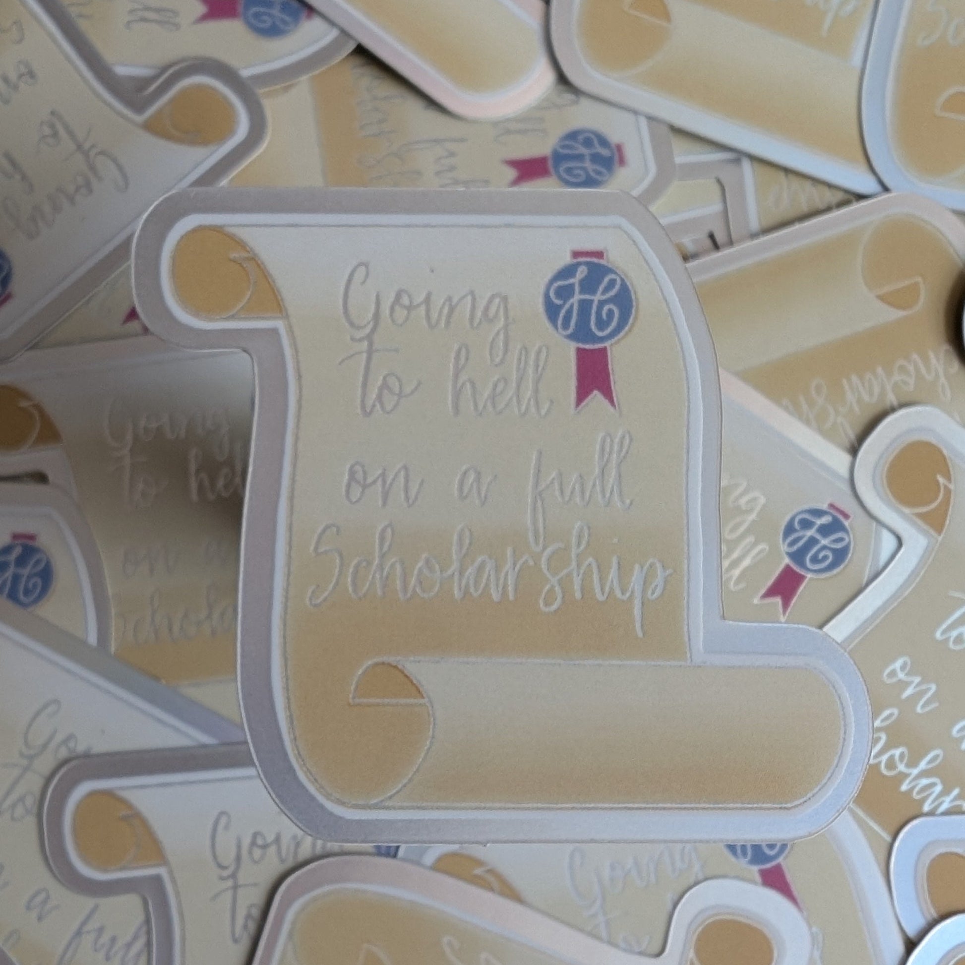 Going to hell on a full scholarship mini vinyl sticker