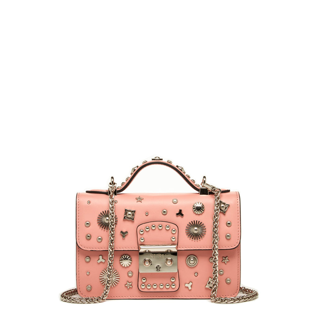 Pink Leather Crossbody Bag with Silver Studs