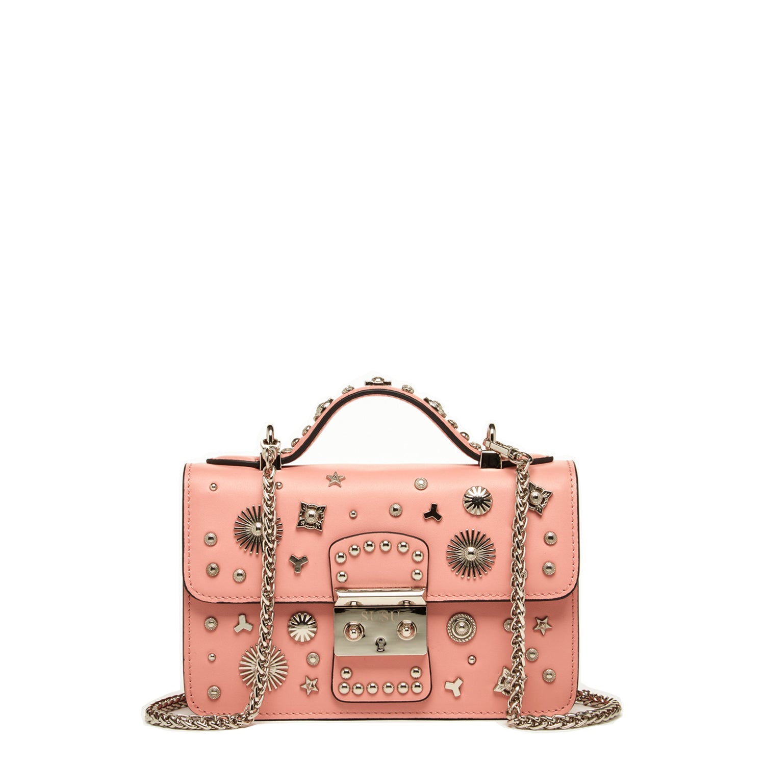 Pink Leather Crossbody Bag with Silver Studs