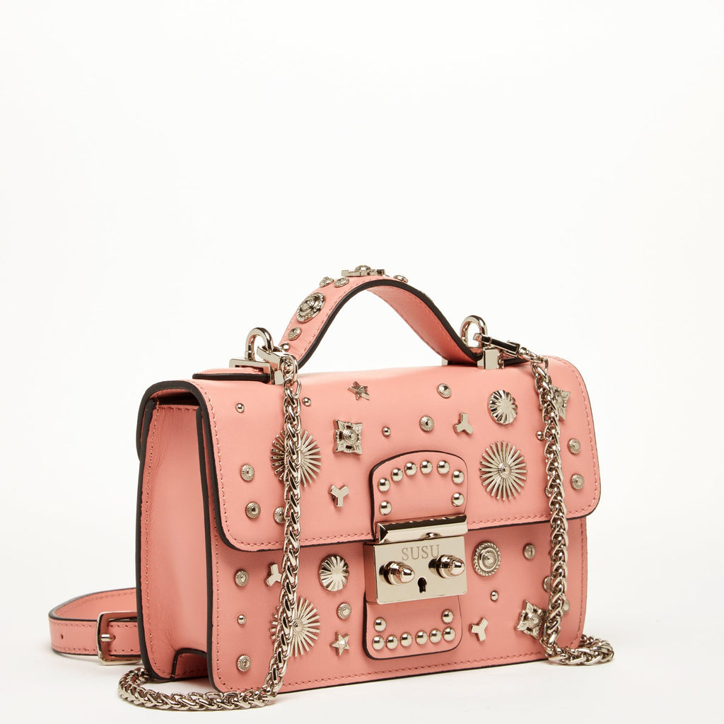 Pink Leather Crossbody Bag with Silver Studs