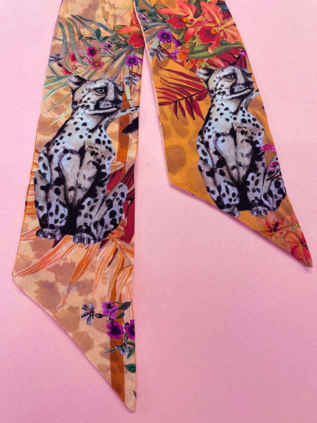 Peach Botanical Panthera Silk Twilly Scarf with Leopard Print