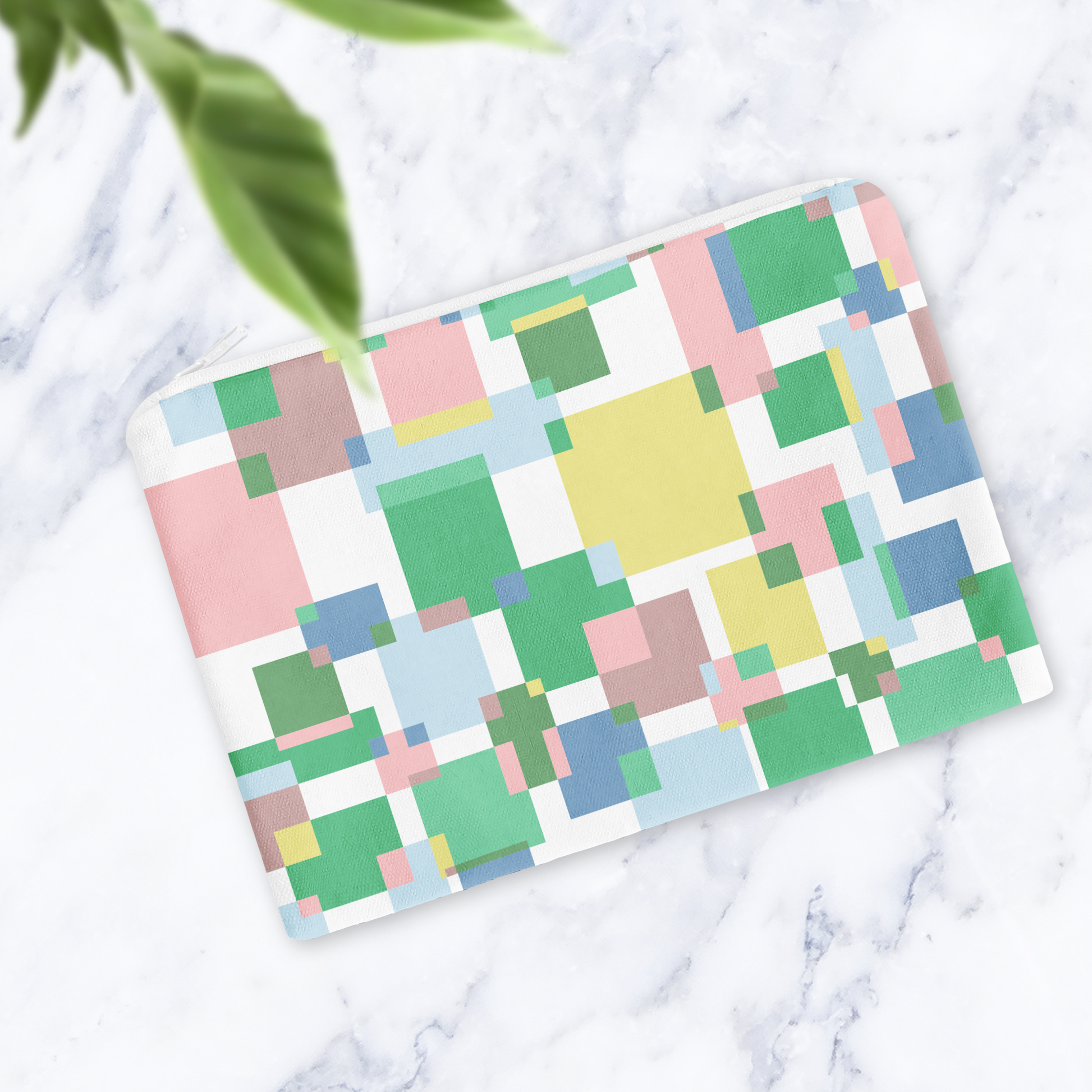 Pastel Geometric Abstract Makeup Bag - Green Colourful Block Pattern Cosmetic Pouch Travel Beauty Case Canvas