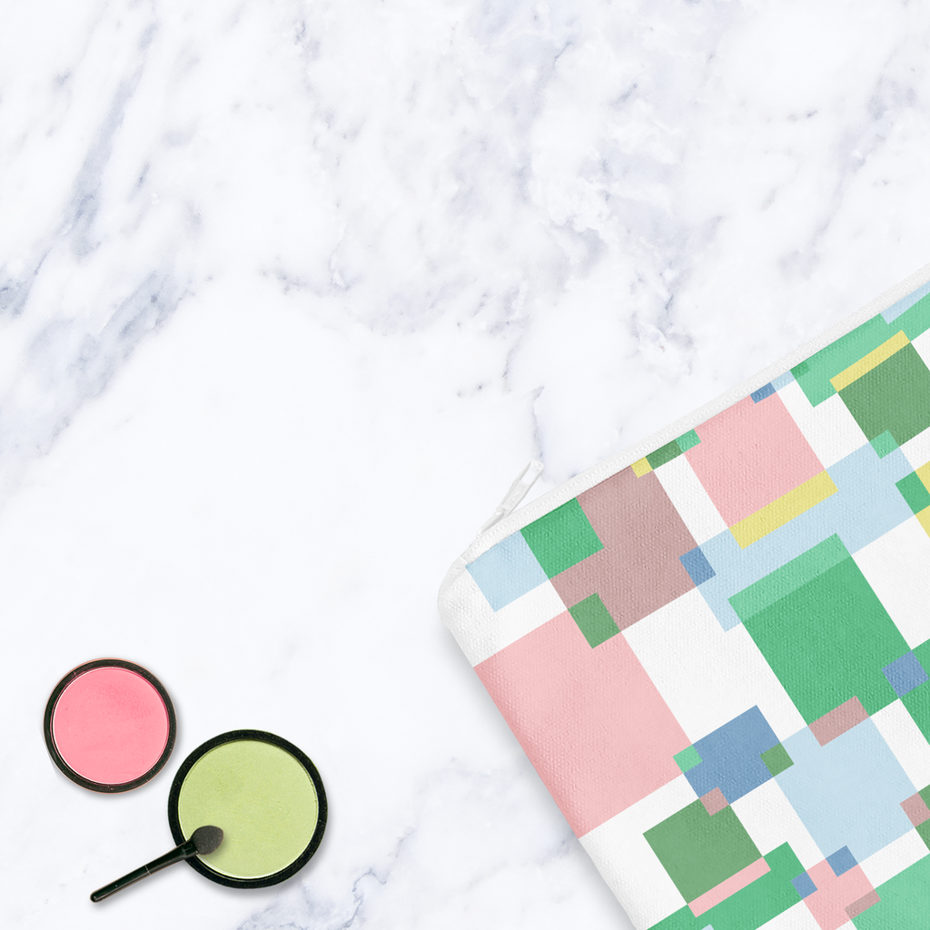 Pastel Geometric Abstract Makeup Bag - Green Colourful Block Pattern Cosmetic Pouch Travel Beauty Case Canvas