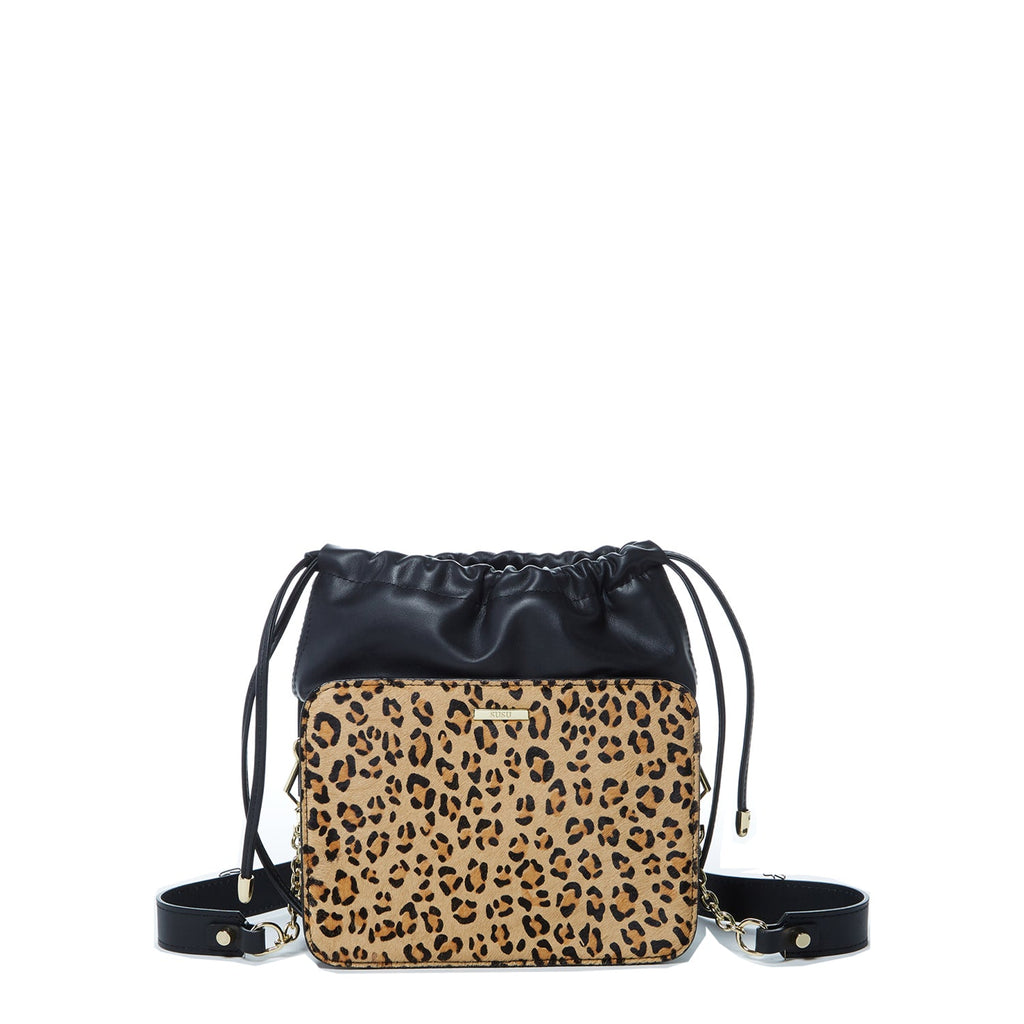 Leopard Print Leather Bucket Bag in Black